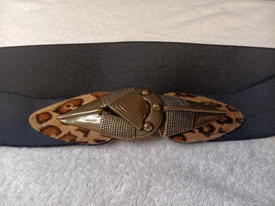 Chicos Stretch Belt Women Size L Black Leopard Leather Southwest ethnic buckle - Image 1 of 4