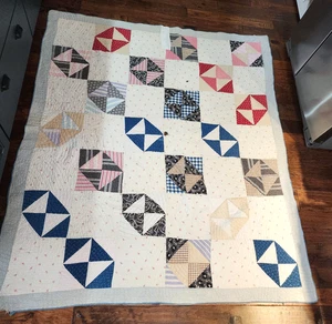 Vintage Quilt Hand Pieced Quilted Feed Sack Hour Glass 62" x 71" pink calico - Picture 1 of 12