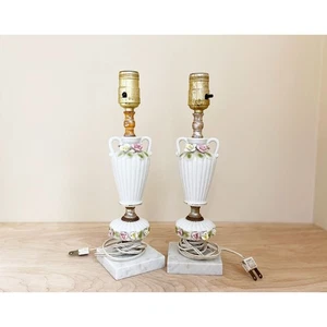 Set of 2 French Cottage Floral Ceramic Lamps w Marble Bases - Picture 1 of 9