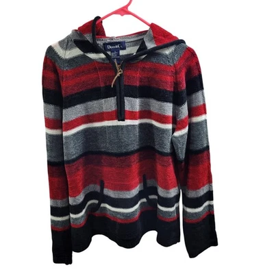 Denim & Co Chunky Red, Black & Gray Pullover Sweater With Hood Size L 122623-586 - Image 1 of 4