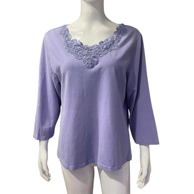 Coldwater Creek Top Shirt Sz XL 16 Purple Lace Trim 3/4 Sleeve Stretch Cotton - Image 1 of 4