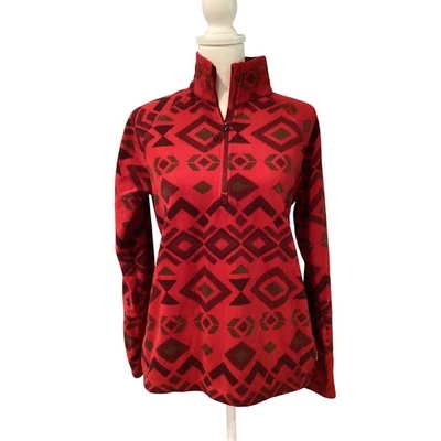 Pullover polar Eddie Bauer para mujer cremallera cuarto patrón de diamante azteca rojo M Foto 1 de 4
