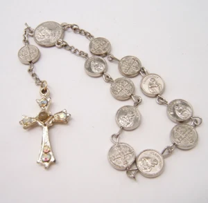 VTG ST ANTHONY 1 DECADE ROSARY STANHOPE LORDS PRAYER SILVER TONE JEWELED CROSS - Picture 1 of 7