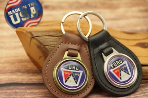 NOS VINTAGE 70s BLUE 1950s FORD HOOD CREST BADGE Leather CAR Key Chain Ring Fob - Picture 1 of 6