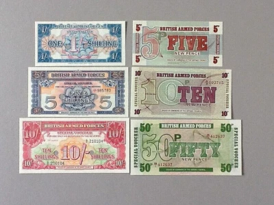 Lote de 6 billetes certificados de pago militares de Gran Bretaña: ver lista a continuación Foto 1 de 2