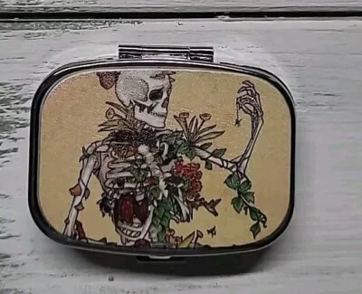 Skeleton Pill Box Decorative Case ,Metal Travel gift organizer. - Image 1 of 4