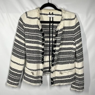 IRO Cream Black Tweed Knit Woven Fringe Edge Open Front Jacket Blazer 38 M Boho - Image 1 of 4