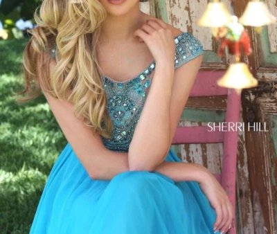 Подлинный SHERRI HILL бирюзовый 14 длинное платье официальный выпускного вечера Pageant платье #11332 - Изображение 1 из 4