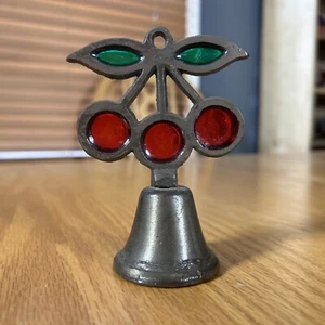 Vintage Bell Stained Glass Sun Catcher Cherry Holly 4" Tall - Picture 1 of 13