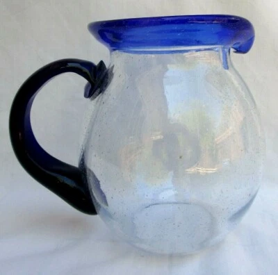 COBALT BLUE & CLEAR..MEXICAN..HAND BLOWN GLASS..BALL..PITCHER  64OZ - Image 1 of 2