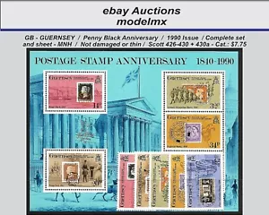 GB - Guernsey, edizione 1990 - Penny Black Anniv., Scott #426-430a, MNH - Cat. $7,75 - Foto 1 di 1