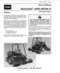 Toro 6500D - 6700D Reelmaster Peugeot Engine Service Manual Delivered Today - Picture 1 of 5