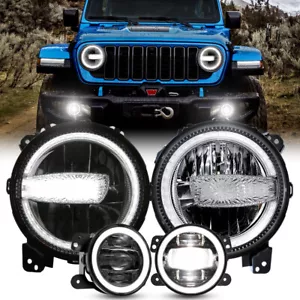 9" LED HEADLIGHTS 4'' FOG LIGHT HALO DRL COMBO FOR JEEP WRANGLER JL JT 2018-2024 - Foto 1 di 12