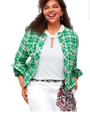 Chaqueta para mujer Cabi Library S verde blanca negra a cuadros tweed blazer flecos dobladillo  Foto 1 de 4