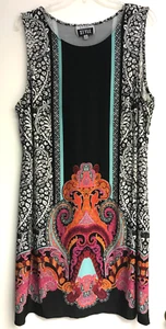 Nicole Miller Style 2X Mod Print Shift Dress Sleeveless Stretch Boho Tank Black - Picture 1 of 11