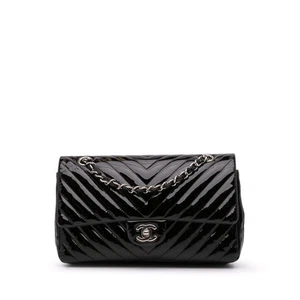 Authenticated Chanel Medium Classic Chevron Patent Double Flap Black - Picture 1 of 12