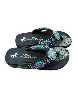 Chanclas Montana West Turquesa Azteca Negras Para Mujer Turquesa Concho Nuevas en Caja Foto 1 de 4