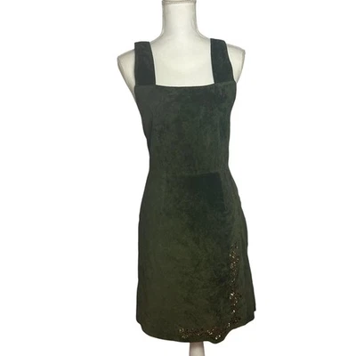 Newport News Olive Green Leather Suede Floral Embroidered Pinafore Dress Vintage - Image 1 of 4