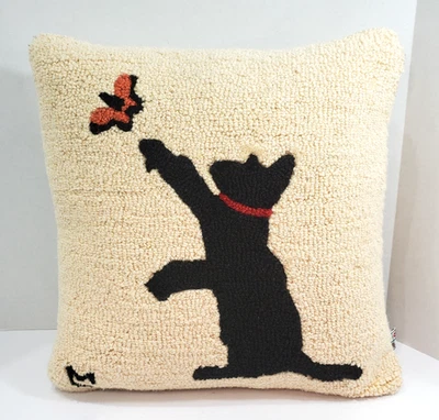 Chandler 4 Corners Hooked Wool Pillow Kitty Cat Chasing Butterfly Laura Megroz - Image 1 of 4