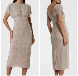 MAC DUGGAL Beige Beaded Cap Sleeve Empire Waist Sheath Midi Dress #93649 - SZ 10 - Picture 1 of 4