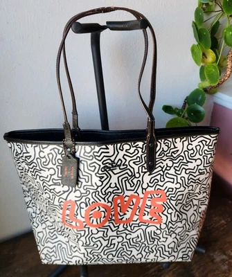 Coach x Keith Haring Reversible Tote Bag LOVE Print Black White – With Hang Tag - Image 1 of 4