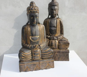 Large Hand Carved Buddha Statue Pair Vintage Wood Sculpture with Gold Gilding - Picture 1 of 14