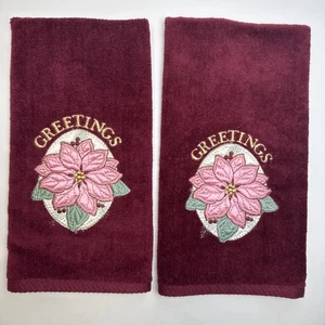"Juego de 2 toallas de mano bordadas de Navidad rosa borgoña flores de pascua 16""x28""" - Imagen 1 de 8