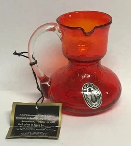 Pilgrim Glass Red Orange Crackle Glass Left Handed Mini Pitcher Creamer Tags - Picture 1 of 10