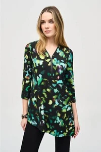 Joseph Ribkoff Black/Multi Watercolor Abstract Print 3/4 Sleeve Asymmetric Top 2 - Picture 1 of 7
