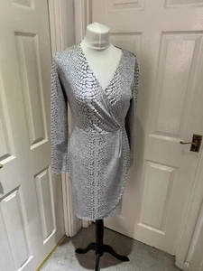 French Connection Faux Wrap Long Sleeve Jacquard Size 12 Dress Wedding Silver - Picture 1 of 5