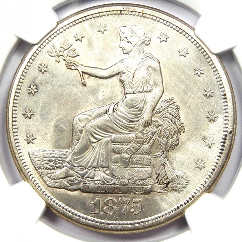 1875-S Trade Silver Dollar T$1 Coin - Certified NGC Uncirculated Detail (UNC MS) Cover