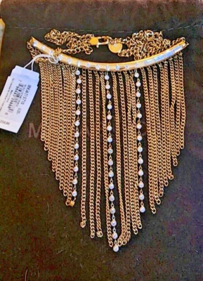 MICHAEL KORS NWT Gold  Fringe Bib Necklace Baguettes and crystals $250 - Image 1 of 2