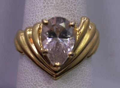 SIZE 7.75 ~ Vintage F Yellow Gold Plated Sterling Silver Ring w/ White Gemstones - Image 1 of 4