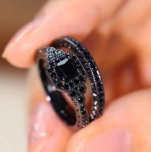 Women Engagement Wedding Ring Set Lab Created Black Diamond 14KBlack Gold Plated - Picture 1 of 4
