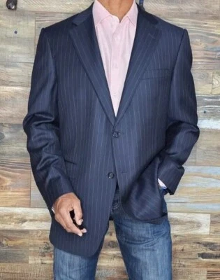 Samuelsohn Canada Wool Navy Blue Striped Doubled Vented Blazer Sport Jacket 44L - Image 1 of 4
