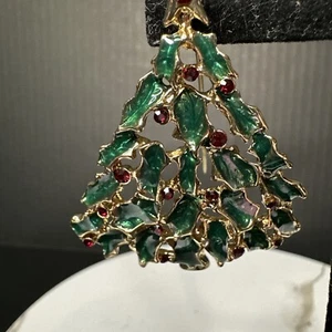 Vintage Brosche Anstecknadel Weihnachten Emaille grün rot Baum gold Tracht - Bild 1 von 9