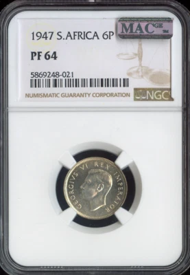Sudáfrica 1947 seis peniques de plata 6P prueba calidad NGC PF64 Foto 1 de 2