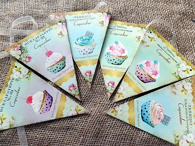 2m French Parisian Style Cupcake Tea Party Bunting/Banner with Ribbon - Image 1 of 4