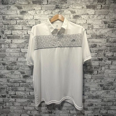 全新无标签阿迪达斯男式高尔夫胸部印花 Polo 衫尺寸 2XL(白色/灰色) — 第 1/4 张图片