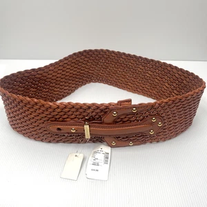 Michael Kors Belt Womens Medium Large Brown Gold Braided Wide Woven Leather Saks - Picture 1 of 11
