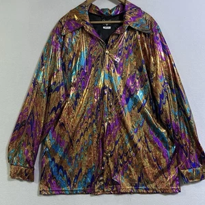Charades Mens XL Vtg Satin Metallic Foil Psychedelic Disco Long Sleeve Button Up - Picture 1 of 11