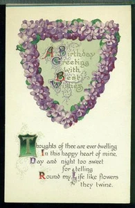 BIRTHDAY GREETING Thoughts of Thee are Ever Dwelling VIOLET HEART Postcard  - Picture 1 of 1