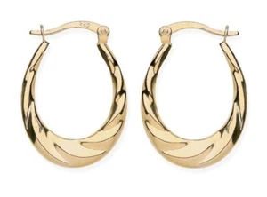 9ct Gold on Silver Oval Creole Hoop Earrings - Swirl Pattern - Picture 1 of 5