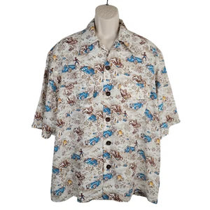 1960 Brand Hawaiian Short Sleeve Wooden Buttons Mens Size Medium USA Race Cars - Picture 1 of 12