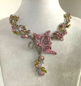 Lovely Pink Rhinestone Floral Necklace With Pink Butterfly 23” Long to Pendant  - Picture 1 of 3