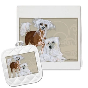 Chinese Crested Kitchen Dish Towel and Pot Holder Gift Set - Picture 1 of 1