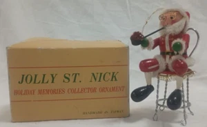 Vintage Handmade Wooden Jolly St. Nick Christmas Ornament - Santa Chenille Trim - Picture 1 of 5