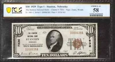 1929 $10 STANTON NATIONAL BANKNOTE CURRENCY NEBRASKA PCGS B CHOICE AU 58 - Image 1 of 2