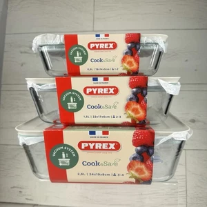 Pyrex Cook & and Save Vacuum system 3 Pc Food Storage 0.8L 1.5L 2.6L rectangular - Picture 1 of 5