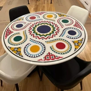 Round White Marble Table with Multicolor Inlay – Handmade Geometric Art - Picture 1 of 10
